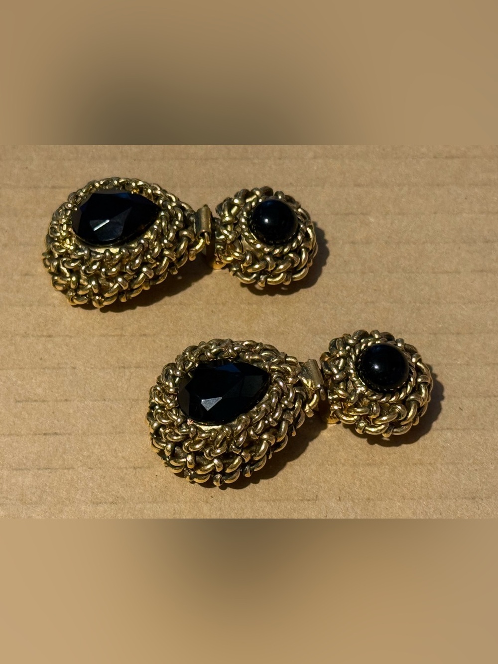 Gold-Tone Vintage Statement Black Stone Drop Earrings